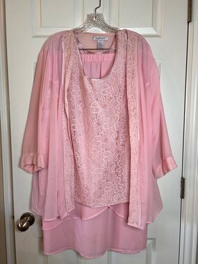 Roaman’s Pink Lace Overlay Blouse, Skirt, Cardigan Set - Blush Pink